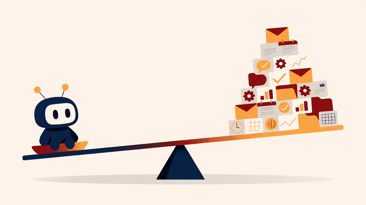 A small Yobot on a seesaw easily outweighing a tall stack of work